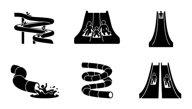 Water Park Slides Icons Set, Summer Fun Vector Graphics, Aquatic Adventure Symbols, Family Recreation Pictograms