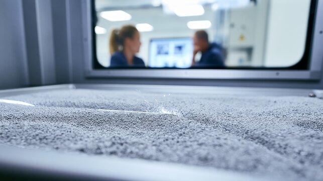 Metal powder bed fusion printer with a laser scan path in sharp focus and blurred manufacturing technicians behind. Concept of additive manufacturing.