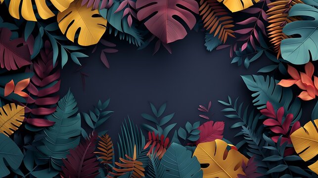 Vibrant tropical leaves arranged in artistic border pattern featuring yellow and purple foliage with smooth matte texture on dark background