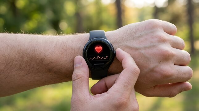 Close up of person checking heart rate on smartwatch fitness tracker device with smartwatch monitoring wearable technology exercise wellness