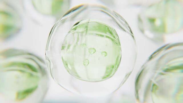 Row of pale green bubbles standing side by side. Cosmetic serum line on a white field