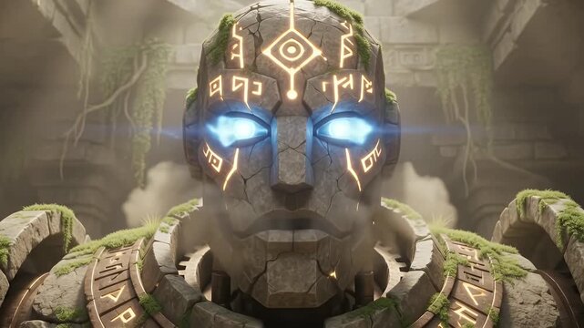 Ancient stone golem statue in overgrown ruins, mystical light rays, fantasy concept art, cinematic atmosphere