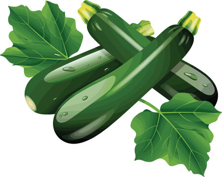 Fresh green zucchini vector illustration, organic vegetable graphic with leaves for healthy food and cooking design
