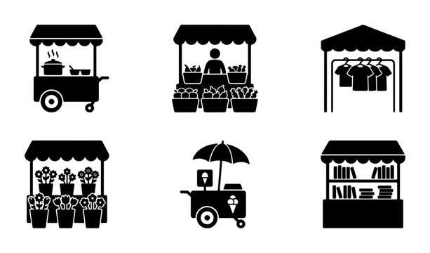Market Stall Icons Set, Food Cart, Flower Stand, Clothing Booth, Ice Cream Vendor, Book Shop Vector Graphics