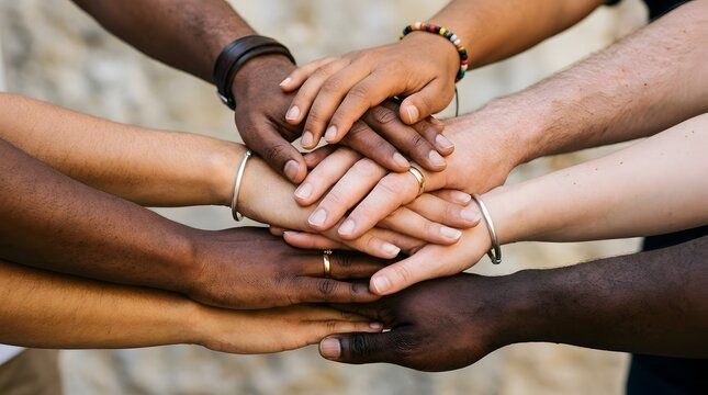 Diverse hands stacked together symbolizing unity teamwork and community cooperation with teamwork diversity community cooperation together