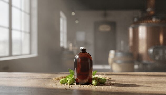 Stubby amber glass bottle on a rustic wooden surface with fresh hops and barley in a sunlit brewery