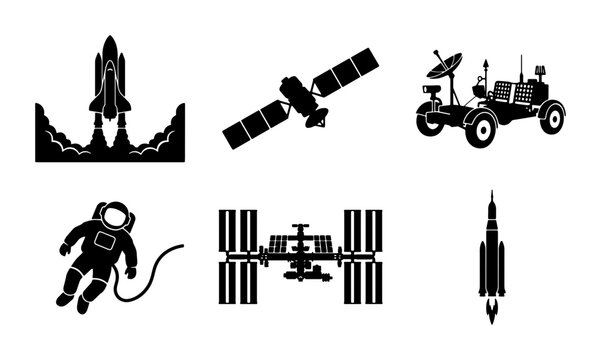 Space Exploration Icons: Rocket Launch, Satellite, Rover, Astronaut, Space Station, Shuttle Vector Set