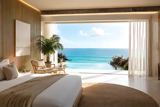 Luxury Hotel Room Interior with Floor to Ceiling Windows Sea View Elegant Living Space Modern Architecture and Designer Furniture Balcony Summer Escape