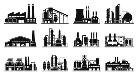 Naklejka premium Industrial Factory Silhouettes Collection: Power Plants, Manufacturing, Chemical Plants