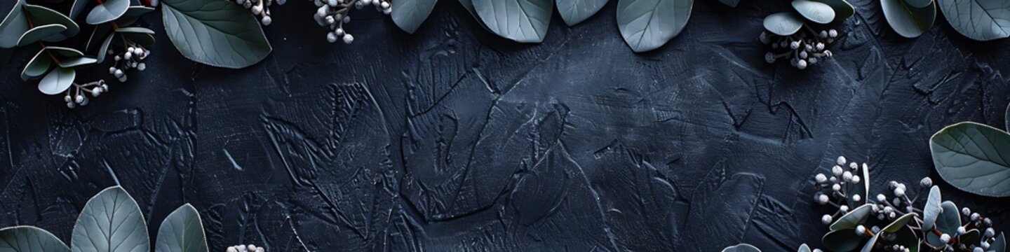 Fresh green eucalyptus leaves with delicate silver berries arranged gracefully on a dark textured black surface for elegant seasonal decor