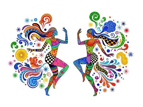Colorful dancing clowns with musical notes and stars