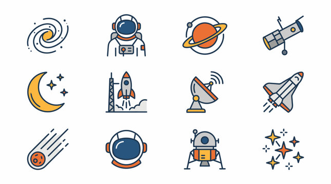 Set of space and astronomy icons featuring planets stars and spacecraft.