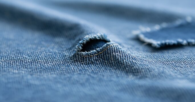 Close-up of torn blue denim fabric