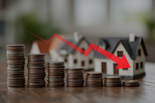 A three-dimensional image of stacked gold coins, along with a graph showing a declining price, signifies failure, lack of success, and losses in real estate.