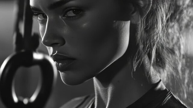 Black and white portrait of a woman in profile. Gymnastic rings hang near her shoulder. Soft lighting highlights her defined facial features. Her expression is intense and focused