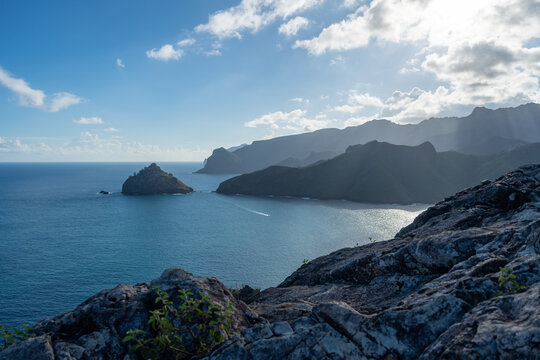 Cliffs and coastline of Taiohae Bay in Nuku Hiva, Marquesas Islands, French Polynesia