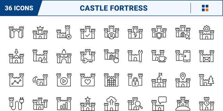 Castle Web Icon Set in Linear Style. Collection of Fortress Building line icons, including check mark, security, settings, repair, location, history, defense, kingdom and more.