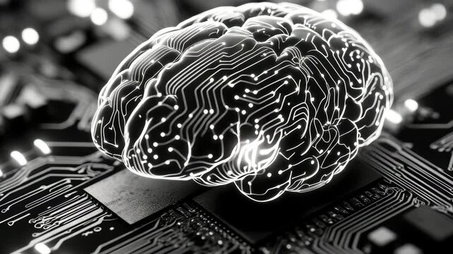 Abstract brain merges with circuit board. Neural pathways glow against tech surface. Futuristic fusion of mind and machine. High contrast design emphasizes innovation