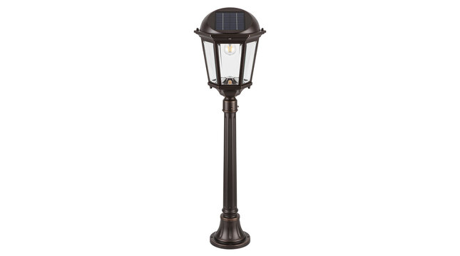 Vintage solar garden lamp post, bronze outdoor street light with glass panels, classic exterior landscape lighting for patio and walkway isolated PNG with Transparent Background