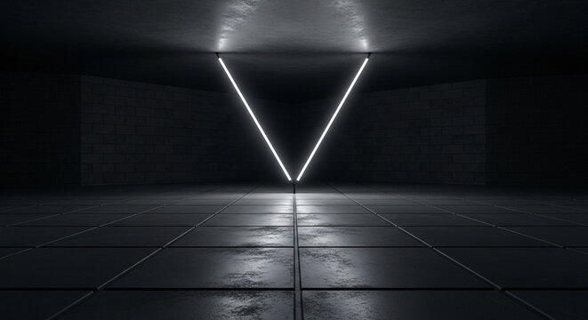 Dark room with a shiny floor and two bright lights forming a triangle on the wall