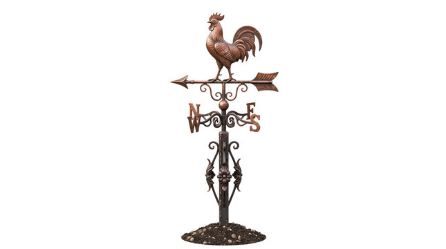Vintage copper rooster weather vane, antique bronze wind vane with cardinal directions, rustic metal farm weathercock for roof decoration isolated PNG with Transparent Background