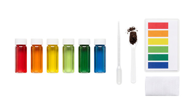 Soil testing kit with colorful liquid vials and pH indicator chart, professional garden soil analysis tools, agricultural chemical testing equipment isolated PNG with Transparent Background