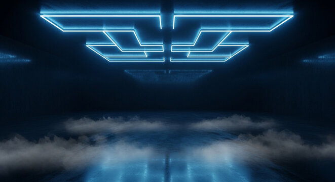 Glowing blue neon lights in a dark room with fog on the floor and ceiling