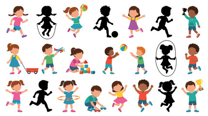 Fototapeta premium Professional vector collection featuring different children playing, running, jumping, skipping, laughing, playing with toys, energetic poses, boys and girls, faceless characters without eyes