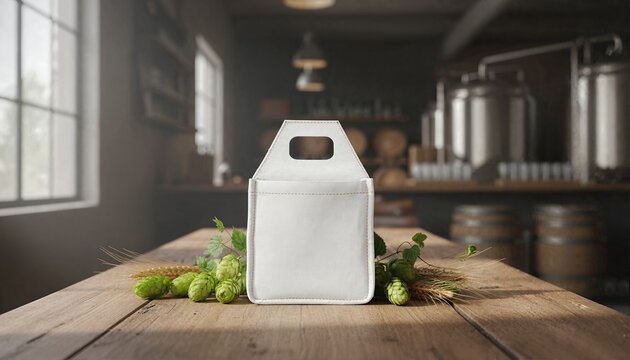 White textured beverage carrier on a rustic brewery table with fresh hops