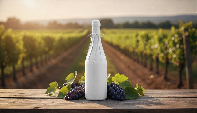 White wrapped wine bottle on rustic vineyard table with fresh grapes at golden hour