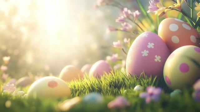 A whimsical scene with colorful eggs waiting for a child's Easter hunt.
