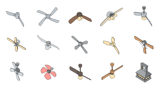 ceiling fan vector isometric set collection of various electric cooling appliances with light fixtures and wooden blades 3d flat illustrations for home interior climate control art