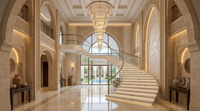Luxury Grand Staircase with Chandelier in Arabian Palace Interior