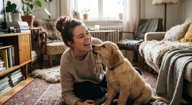 Laughing woman plays with cute golden retriever puppy pulling rope toy on floor in sunny living room