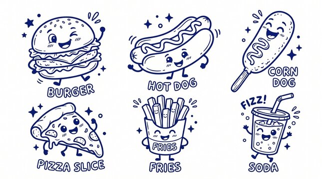 Playful blue outline food character set featuring burgers, hotdogs, and corn dogs with expressive cartoon faces on light background.