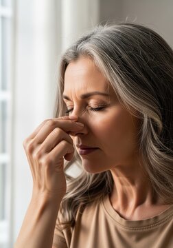 Stressed Mature Woman with Grey Hair Pinching Nose Bridge Suffering from Headache or Sinus Pain