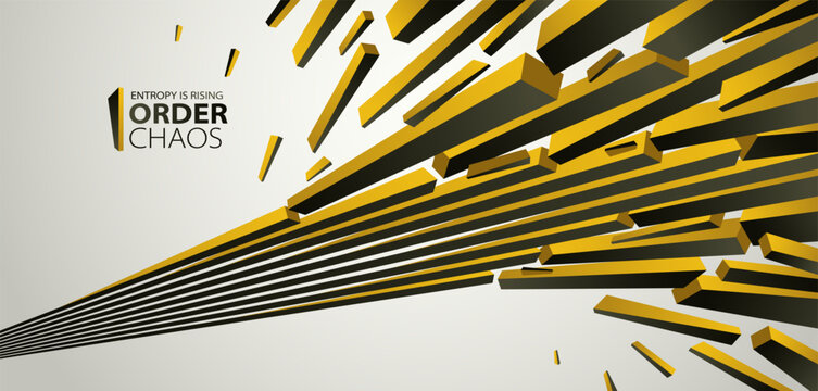 Debris particles exploding in chaos vector abstract background, entropy is rising to decay and disorder, elements flying in motion, 3D wallpaper.