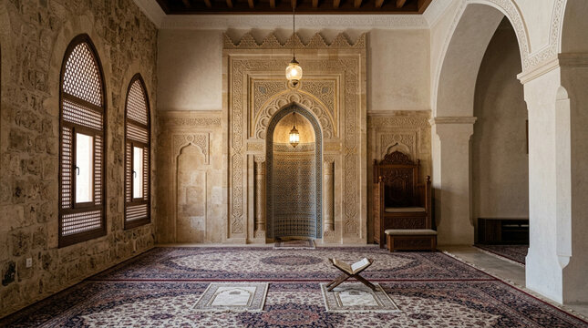 Ornate Islamic prayer room with mihrab, patterned carpet, and wooden furniture