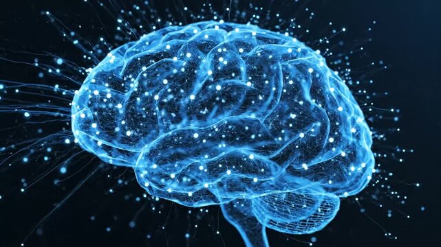 A glowing digital brain model radiates bright blue light particles