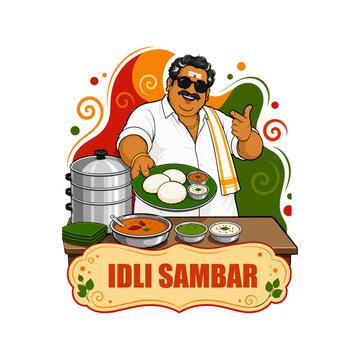 Indian Idli Sambar Chef Mascot Logo Flat Vector Illustration for South Indian Restaurant Branding Food Stall Cafe Menu Design Collection