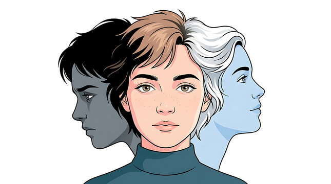 Vector illustration of a woman with multiple personalities and mood swings, representing mental health issues and inner conflict