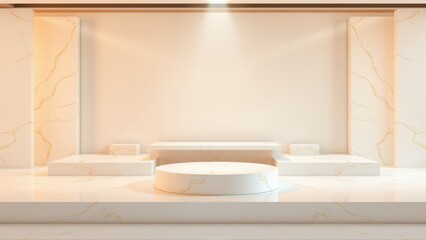 Fototapeta premium Minimalist stage setup. Marble platforms illuminated by spotlight. Clean design, perfect for product display or presentation. Neutral tones dominate scene.