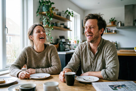 Cheerful young man and woman sitting at a wooden table in a bright kitchen, drinking coffee and laughing while enjoying a morning breakfast together