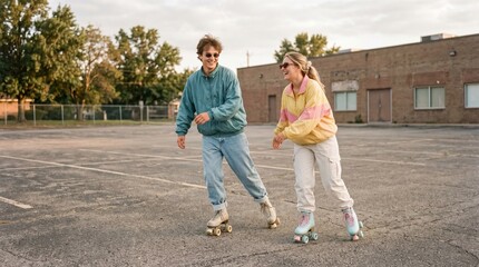 Fototapeta premium Joyful couple roller skating in retro style outfits on asphalt lot.