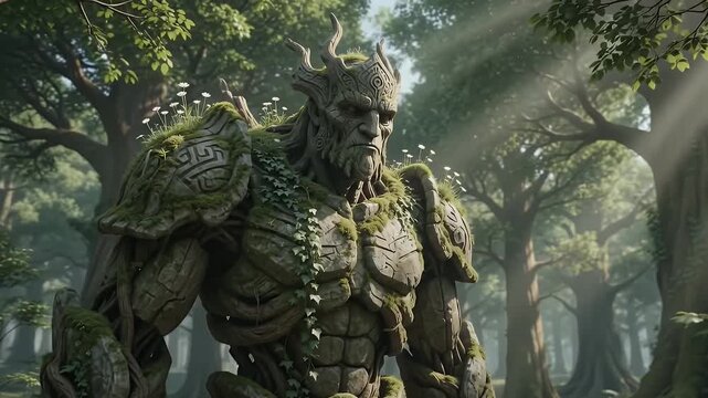 Ancient Tree Giant Guardian Standing Tall in Sun-Dappled Enchanted Forest With Beams of Light