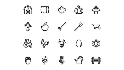 Fototapeta premium Collection of Farm and Agriculture Icons with Simple Line Art Design on Transparent Background