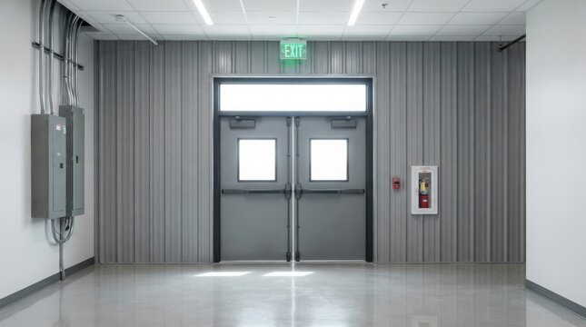 Double exit doors with transom window and panic bars in an industrial building interior