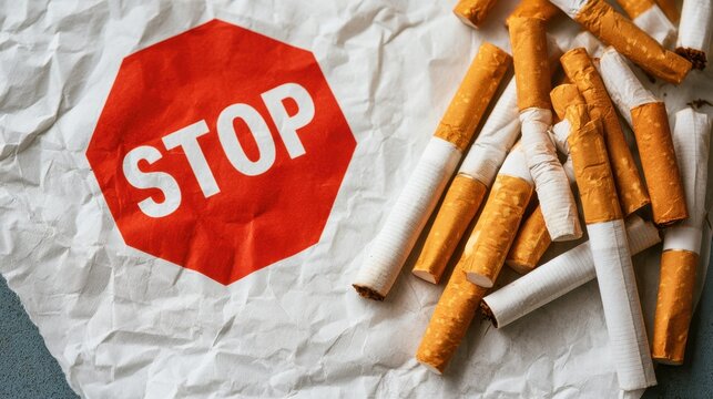 Crumpled paper with bold red octagon stop sign and broken cigarette parts symbolizing quitting smoking and tobacco addiction prevention health campaign message concept