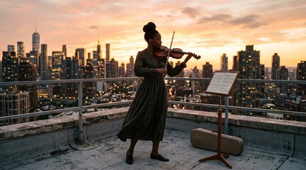 Fototapeta premium Female musician performing violin solo on urban rooftop at sunset with skyline background.