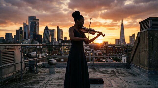 African American woman playing violin on rooftop with London skyline at sunset.
